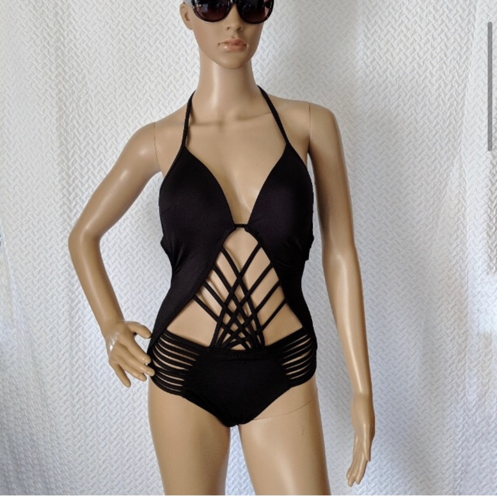 Kenneth Cole black, strappy one piece swimsuit